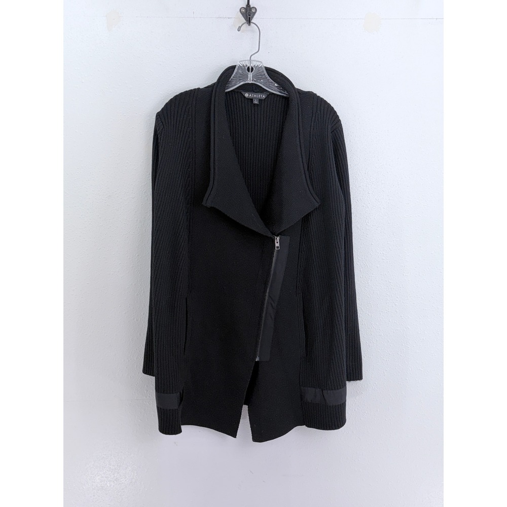 Athleta Cardigan Black Asymmetrical Zip Ribbed Knit Moto Jacket L